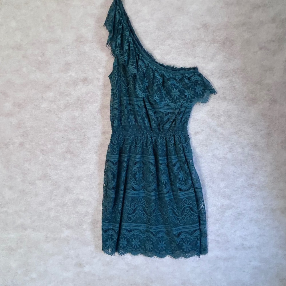 Chelsea & Violet Teal Floral Lace One Shoulder Ruffle Mini Dress 1C10H54‎ Large
